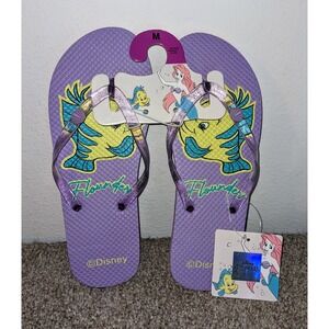 Disney Little Mermaid Flounder Flip Flops Sandals Purple Glitter Medium 7-8 NWT‎